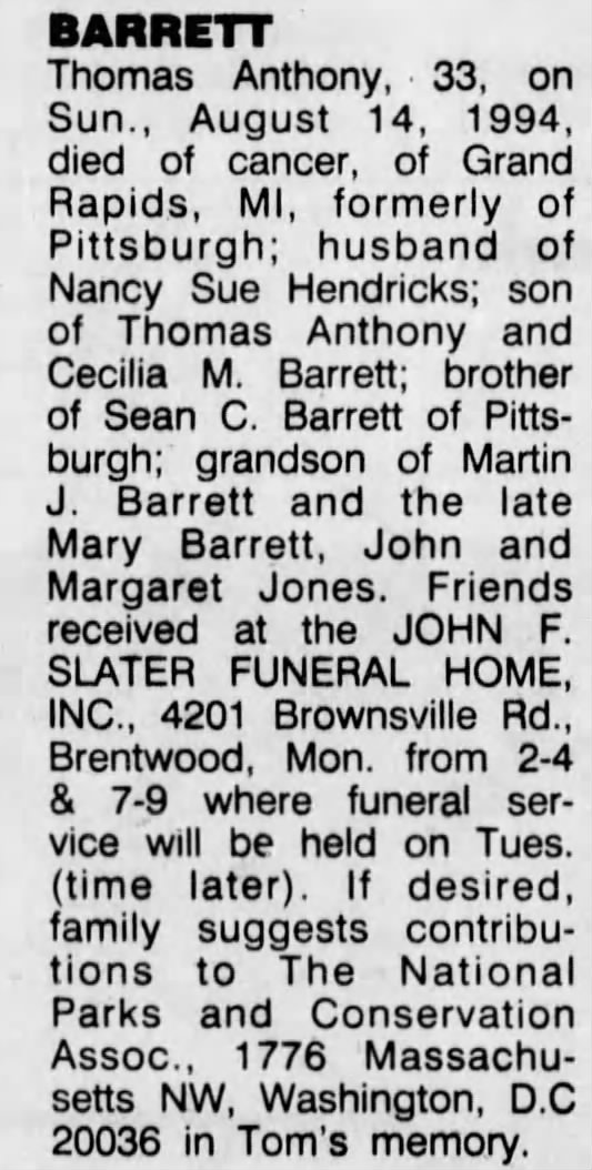 Thomas Barrett (Deceased), Pittsburgh, PA Pennsylvania